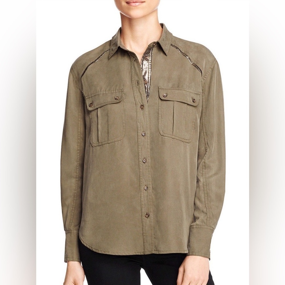 Free People Off Campus Metallic-Detail Button-Down Shirt in Moss - Size M - Picture 5 of 6